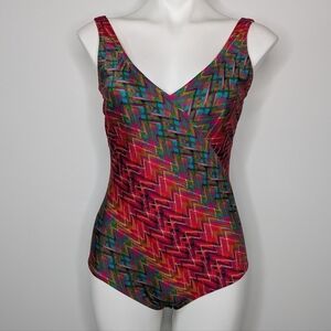 Vintage Gottex red blue zig zag v neck one piece swimsuit 12